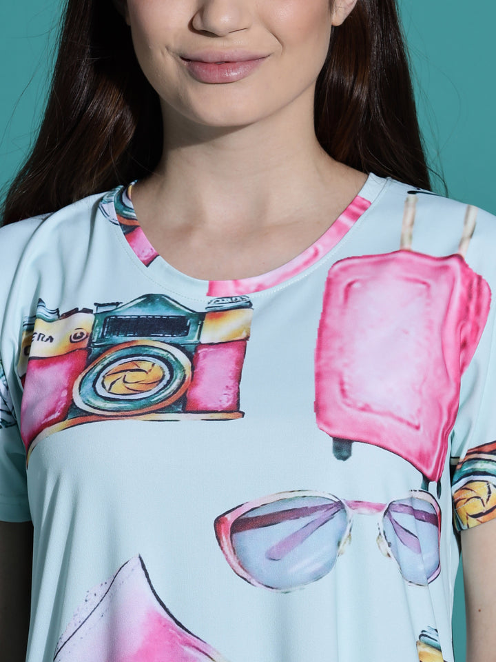 Mint Green Printed Short Cotton Nightdress