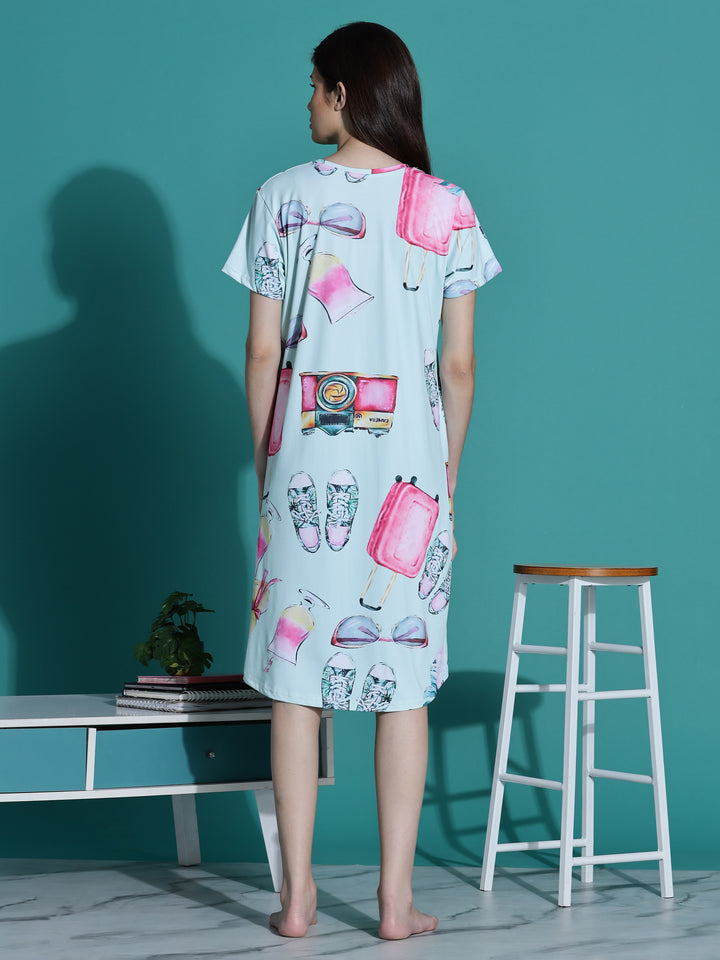 Mint Green Printed Short Cotton Nightdress
