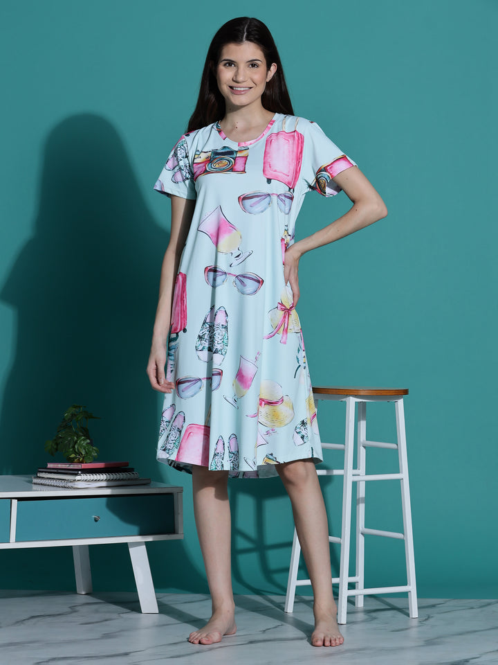 Mint Green Printed Short Cotton Nightdress