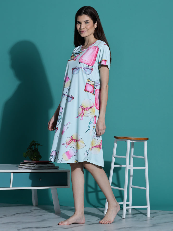 Mint Green Printed Short Cotton Nightdress