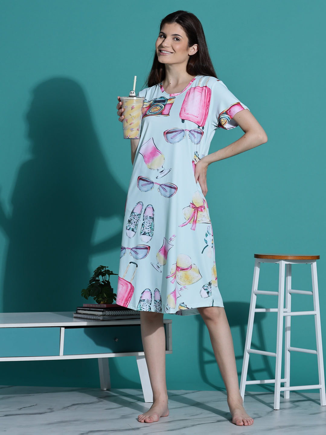 Mint Green Printed Short Cotton Nightdress