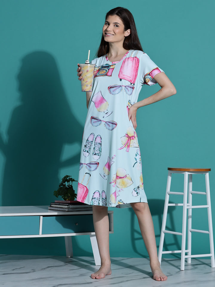 Mint Green Printed Short Cotton Nightdress