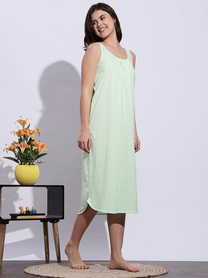 Mint Green Hosiery Cotton Sleeveless Knee Length Nighty