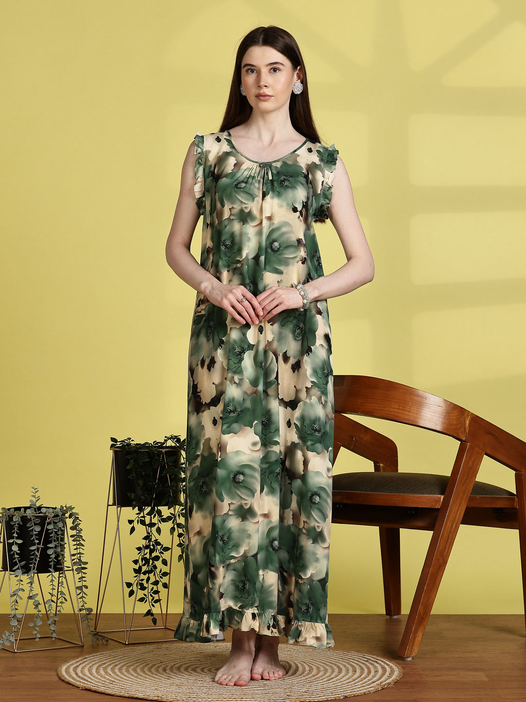 Mist Green Rayon Sleeveless Nighties for Women