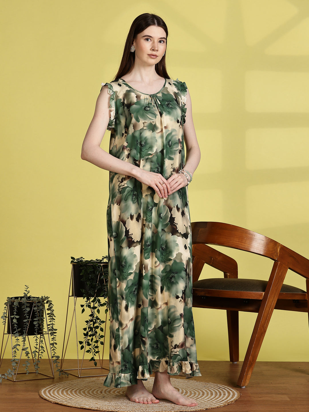 Mist Green Rayon Sleeveless Nighties for Women
