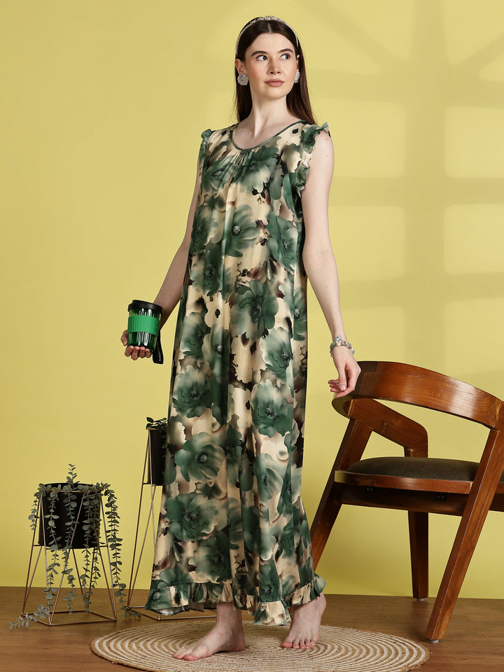 Mist Green Rayon Sleeveless Nighties for Women