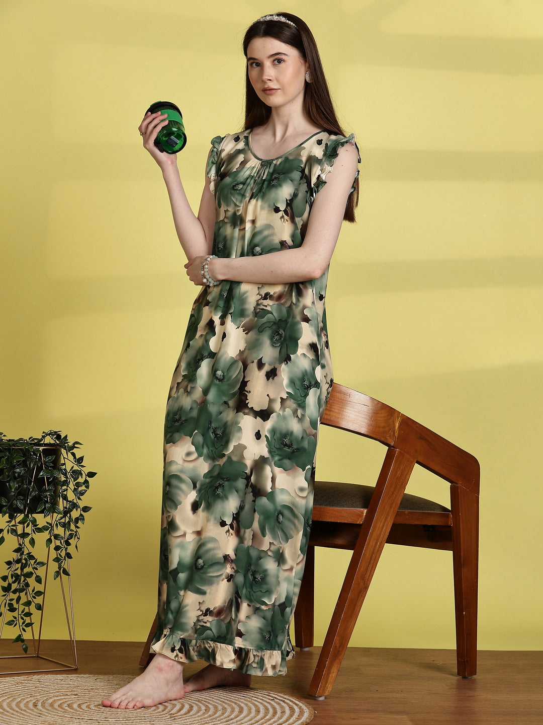 Mist Green Rayon Sleeveless Nighties for Women