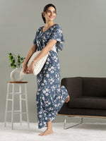Floral Misty Blue Rayon Designer Nighty for Women with Flutter Sleeves and Pocket