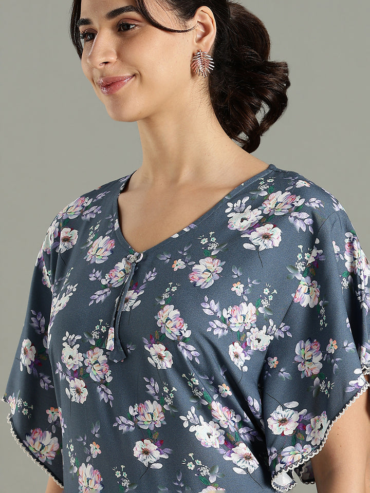 Misty Blue Floral Rayon Cozy Nighty for Women
