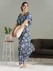 Floral Misty Blue Rayon Designer Nighty for Women with Flutter Sleeves and Pocket