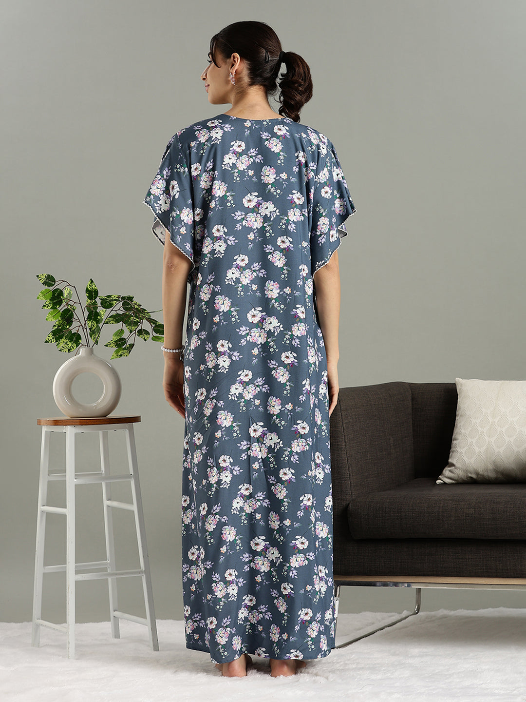 Misty Blue Floral Rayon Cozy Nighty for Women