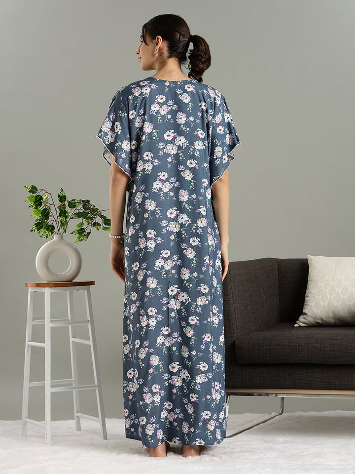 Misty Blue Floral Rayon Cozy Nighty for Women