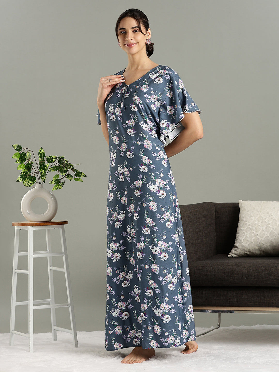 Misty Blue Floral Rayon Cozy Nighty for Women