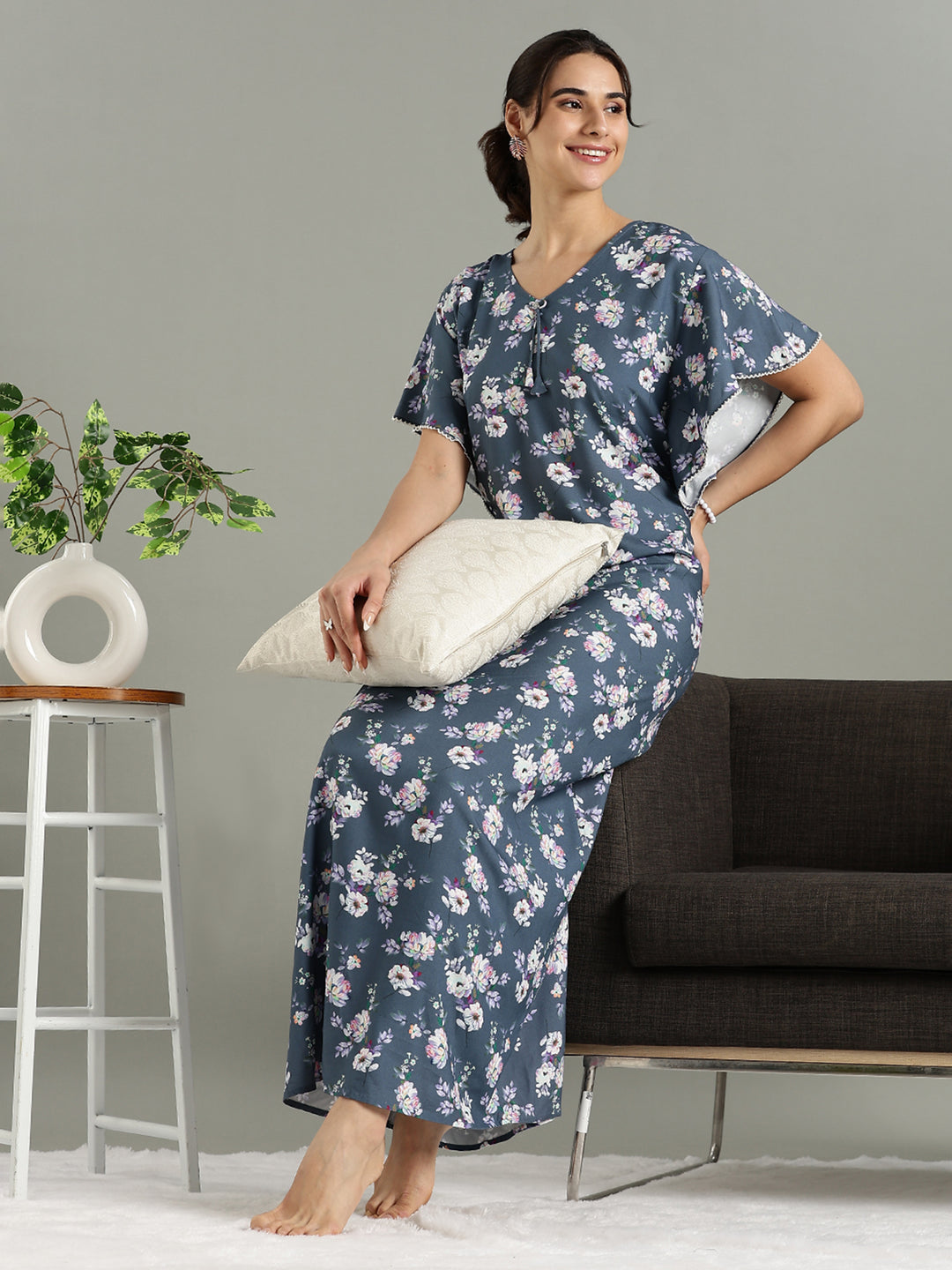 Misty Blue Floral Rayon Cozy Nighty for Women