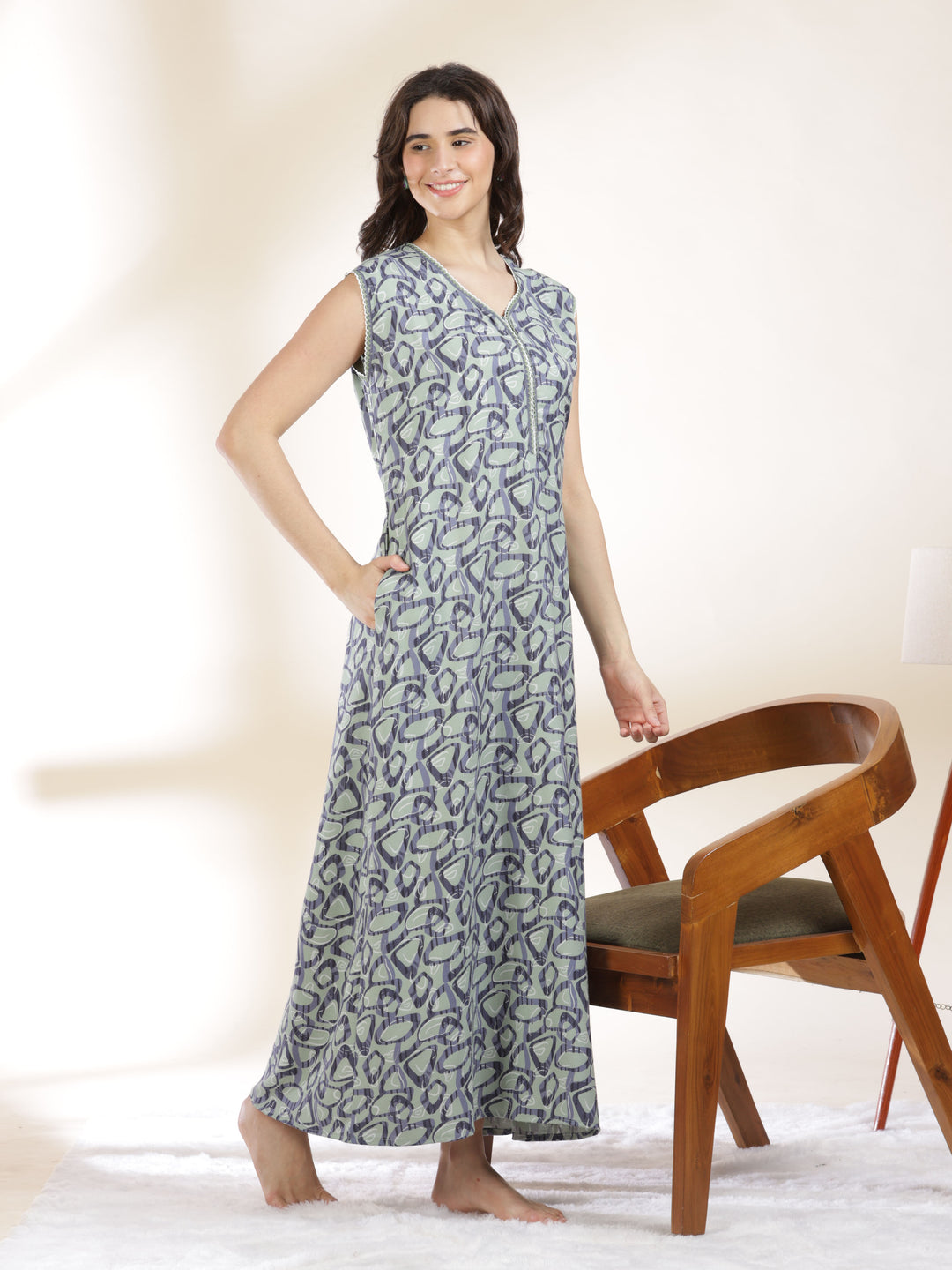 Misty Green Sleeveless Night dress for Women