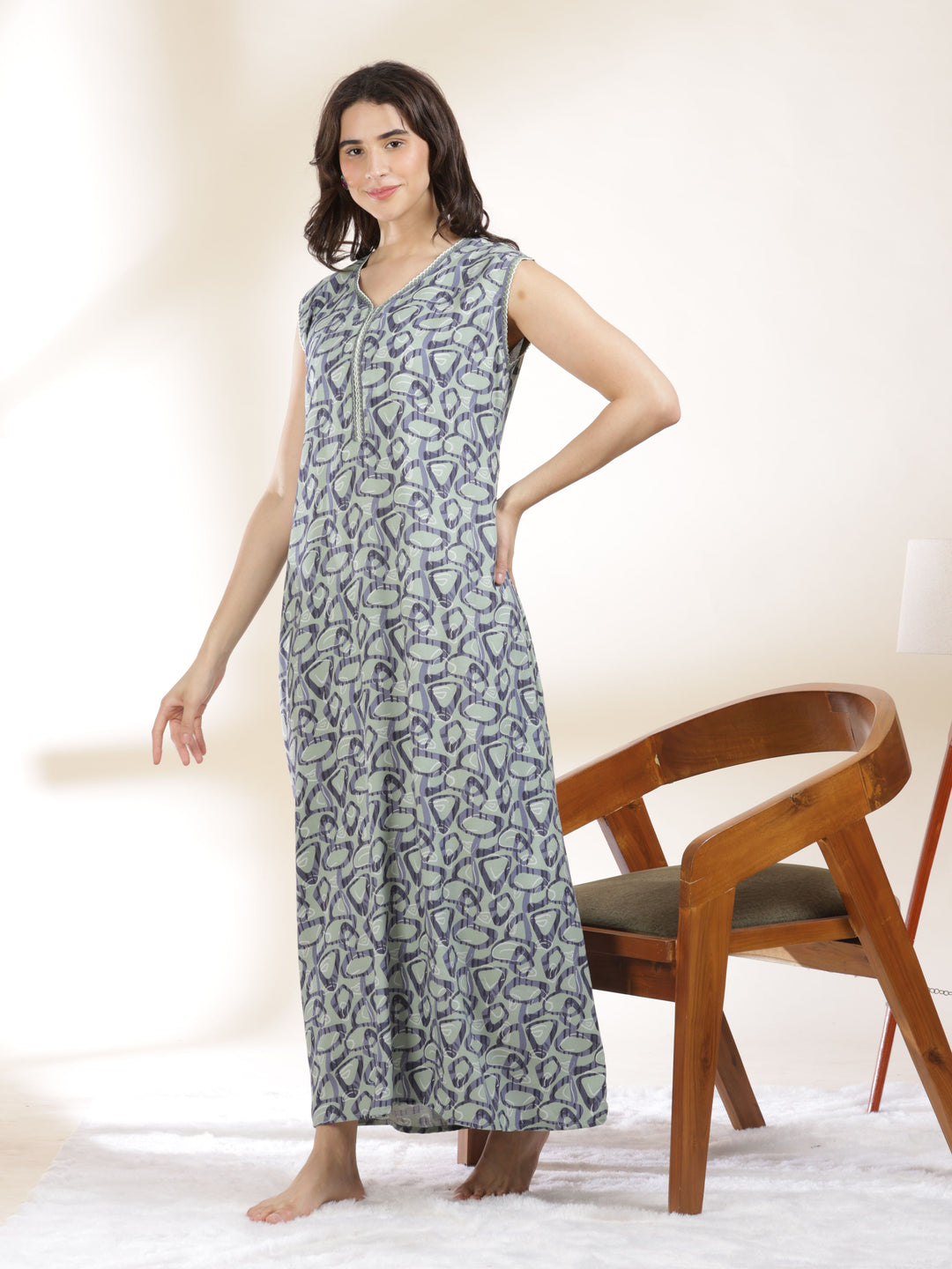 Misty Green Sleeveless Night dress for Women