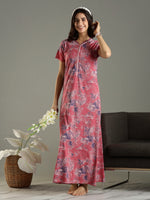 Hosiery Cotton Mud Pink Designer Nighty with Zip Closure and Lace Sleeves