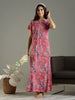 Hosiery Cotton Mud Pink Designer Nighty with Zip Closure and Lace Sleeves