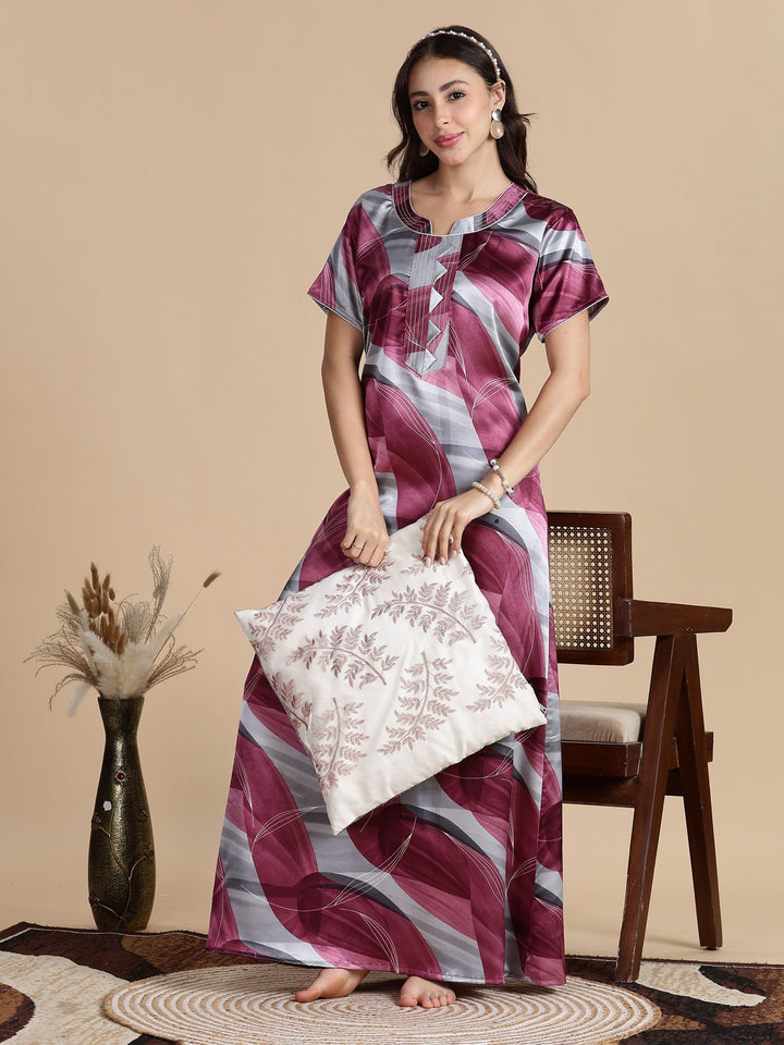 Mulberry Smoke Satin Nighty for Women with Pocket