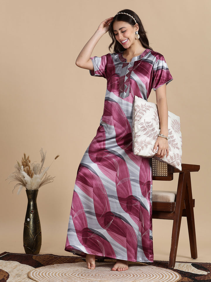 Mulberry Smoke Satin Nighty for Women with Pocket