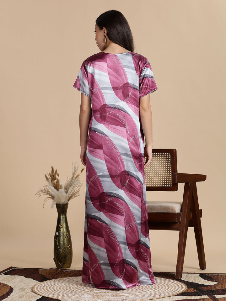 Mulberry Smoke Satin Nighty for Women with Pocket