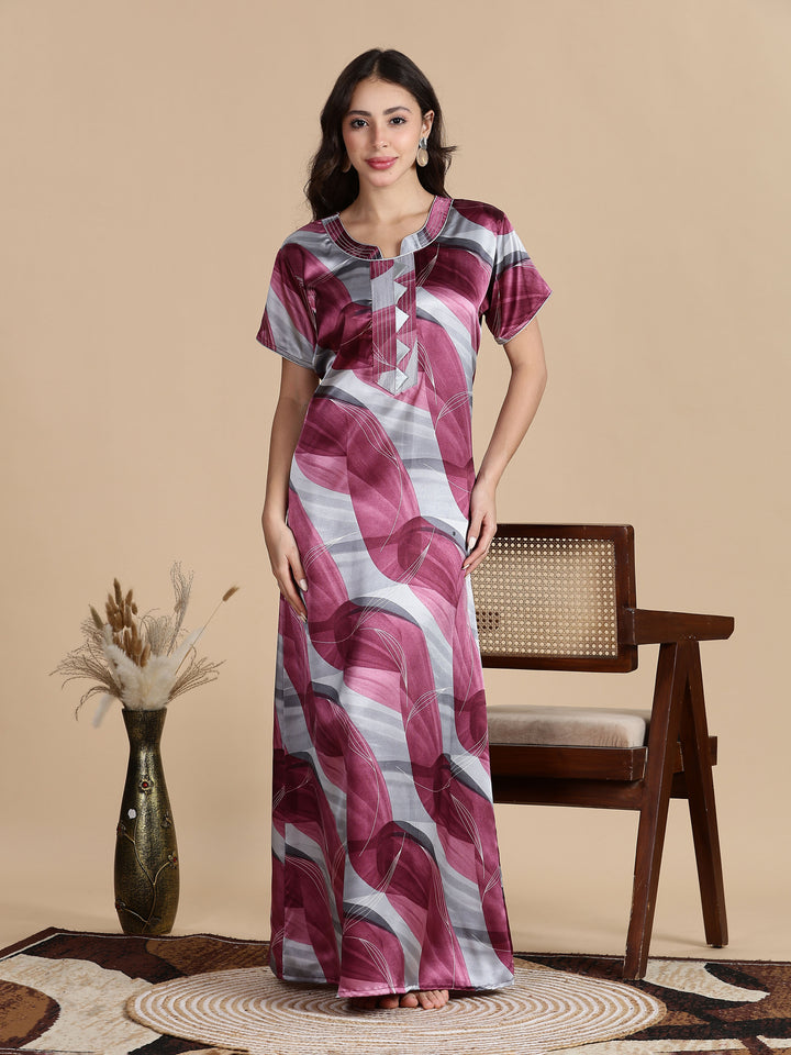 Mulberry Smoke Satin Nighty for Women with Pocket