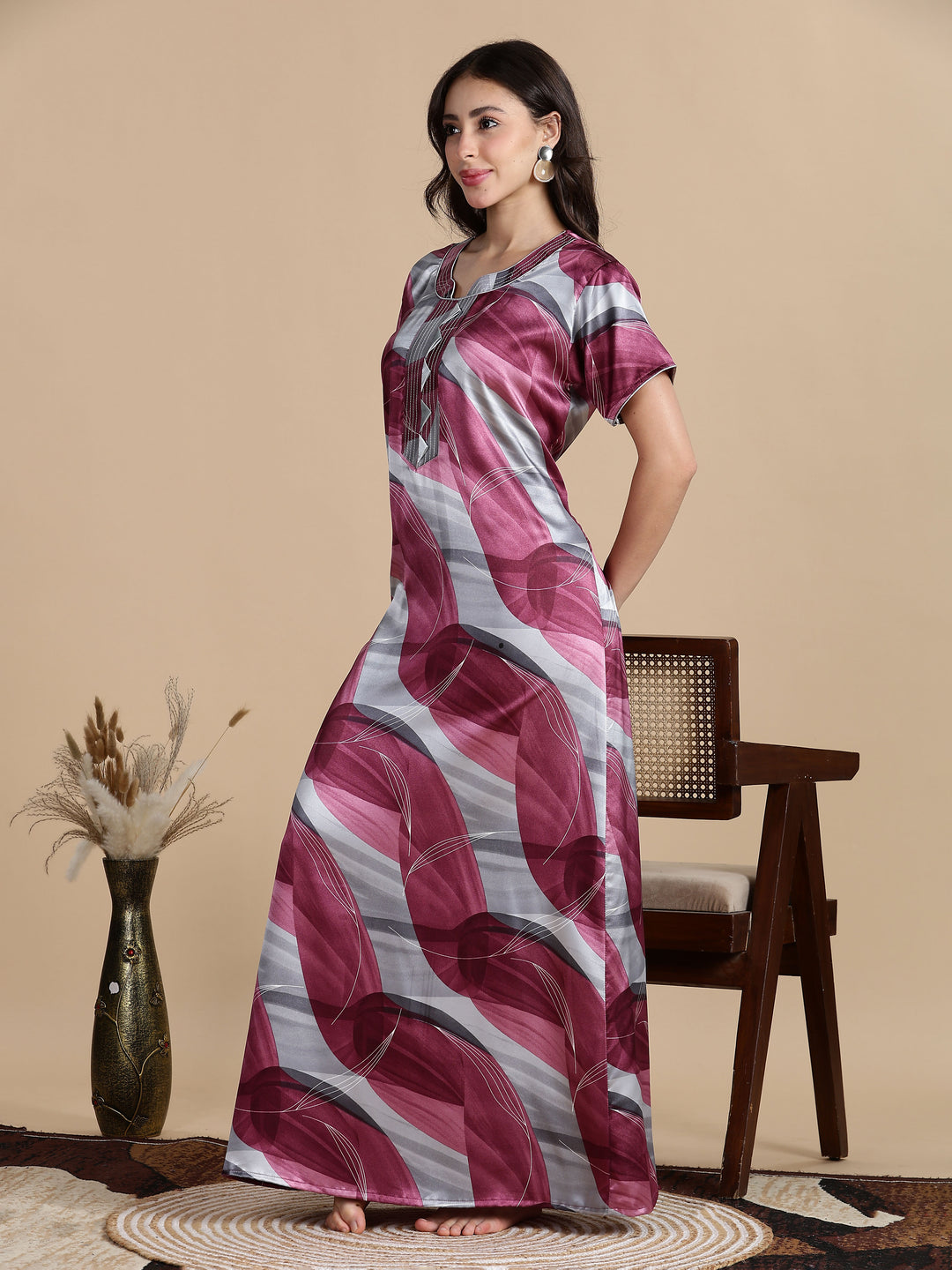 Mulberry Smoke Satin Nighty for Women with Pocket
