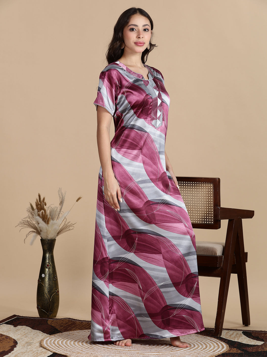 Mulberry Smoke Satin Nighty for Women with Pocket