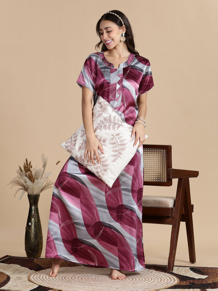 Mulberry Smoke Satin Nighty for Women with Pocket