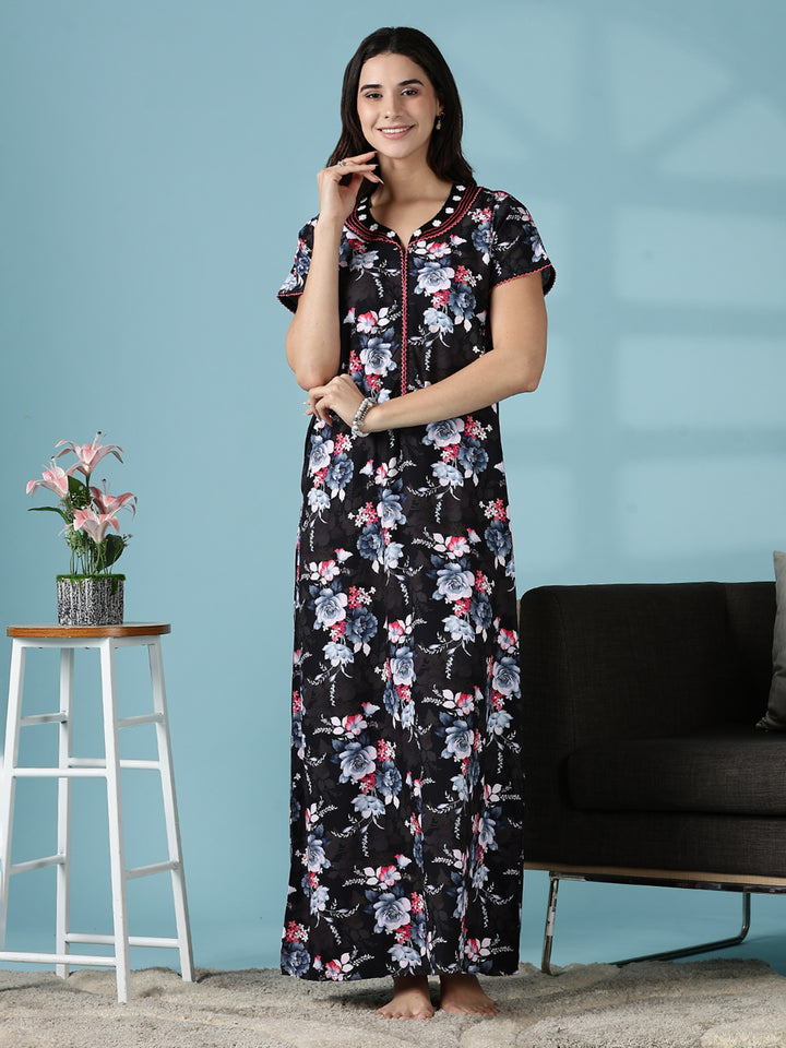Rayon Floral Branded Nighty for Women in Multi Black