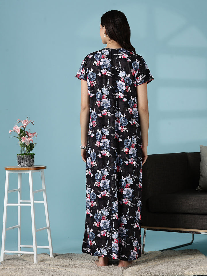 Rayon Floral Branded Nighty for Women in Multi Black