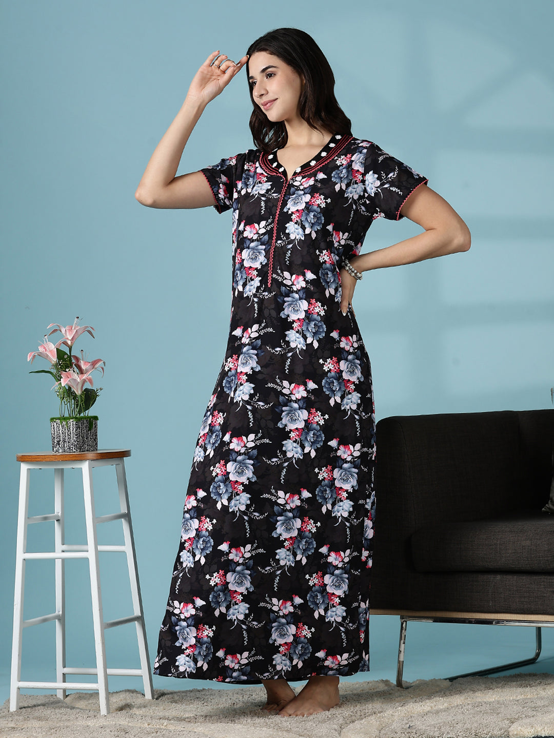 Rayon Floral Branded Nighty for Women in Multi Black