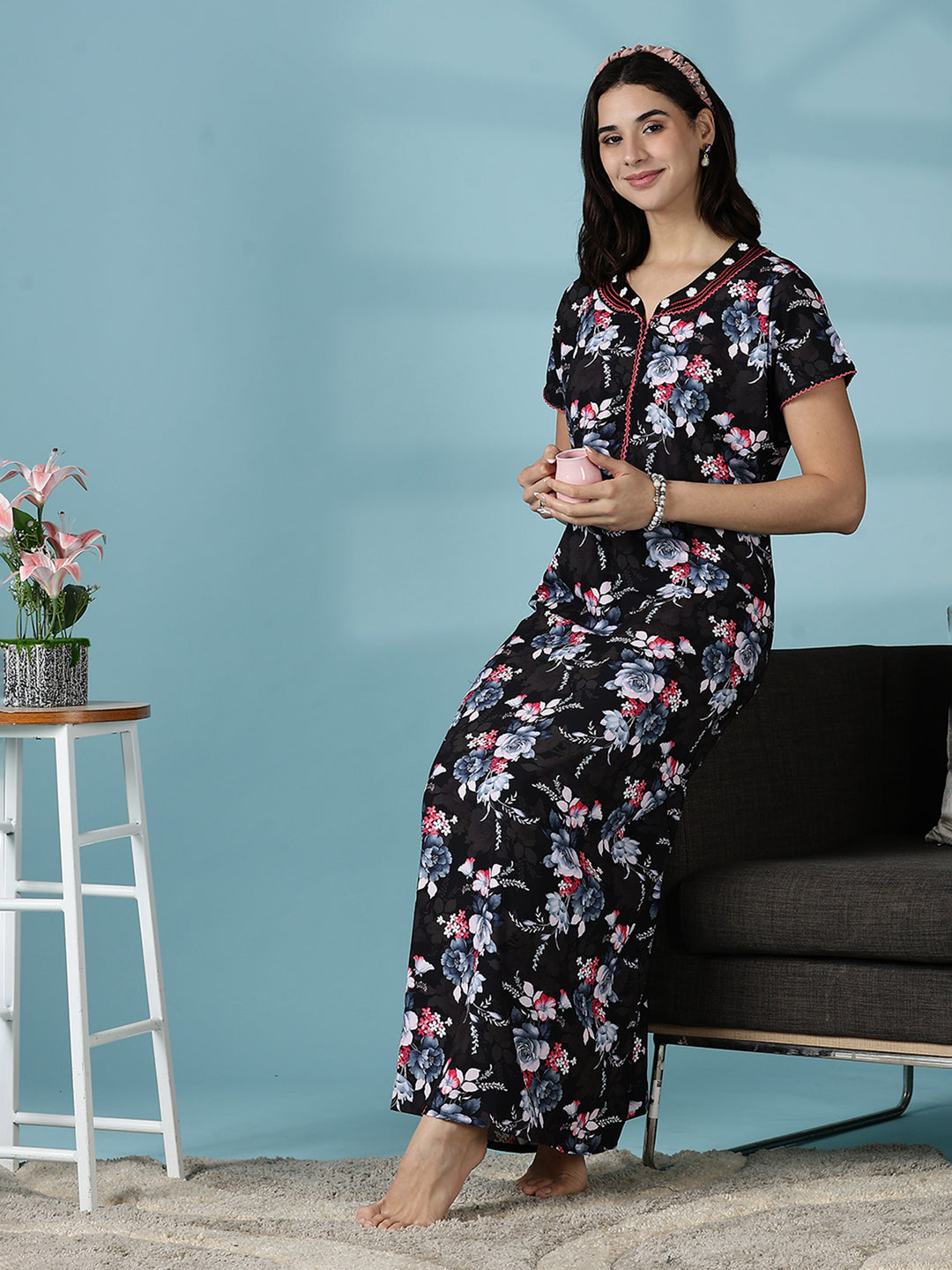 Rayon Floral Branded Nighty for Women in Multi Black