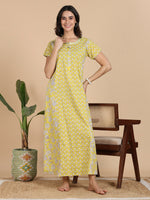 Mustard Yellow Jaipuri Cotton Nighty with Side Panels and Pocket