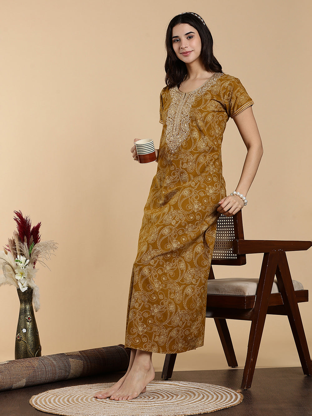 Sunlit Mustard Yellow Jaipuri Premium Cotton Womens Nighty