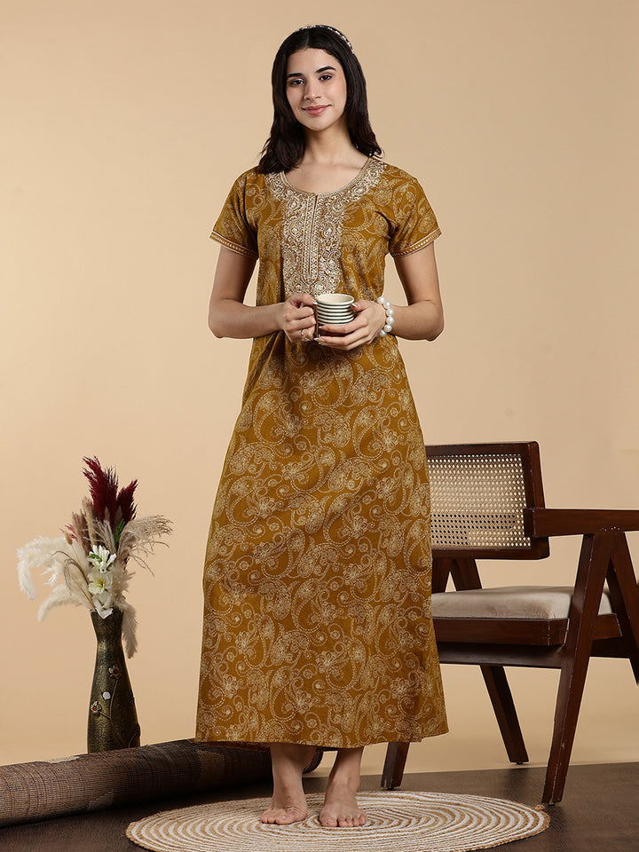 Sunlit Mustard Yellow Jaipuri Premium Cotton Womens Nighty
