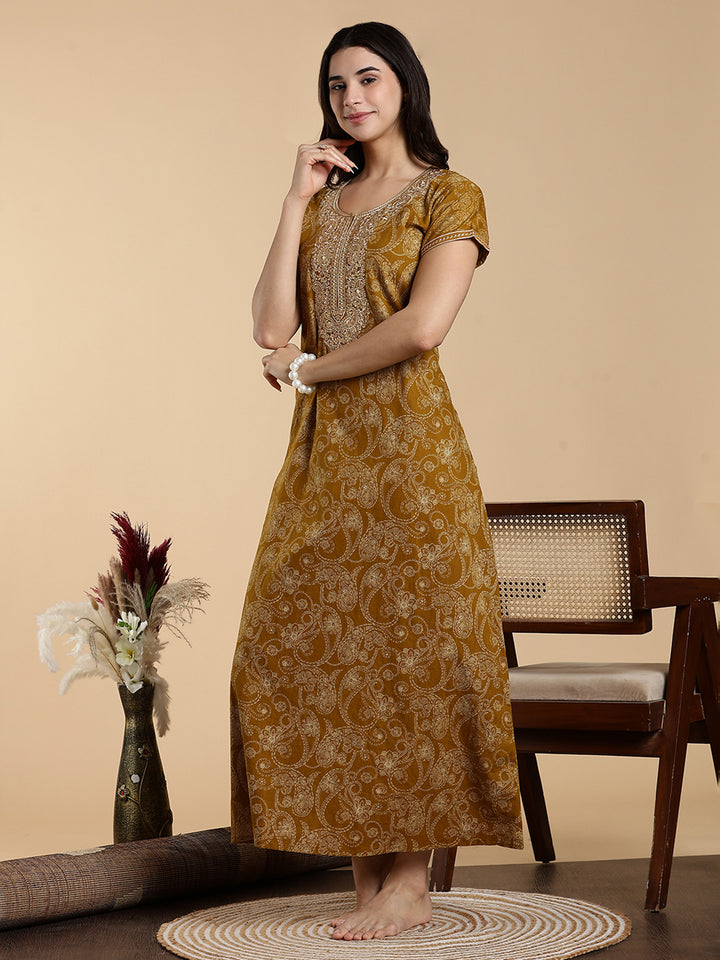 Sunlit Mustard Yellow Jaipuri Premium Cotton Womens Nighty