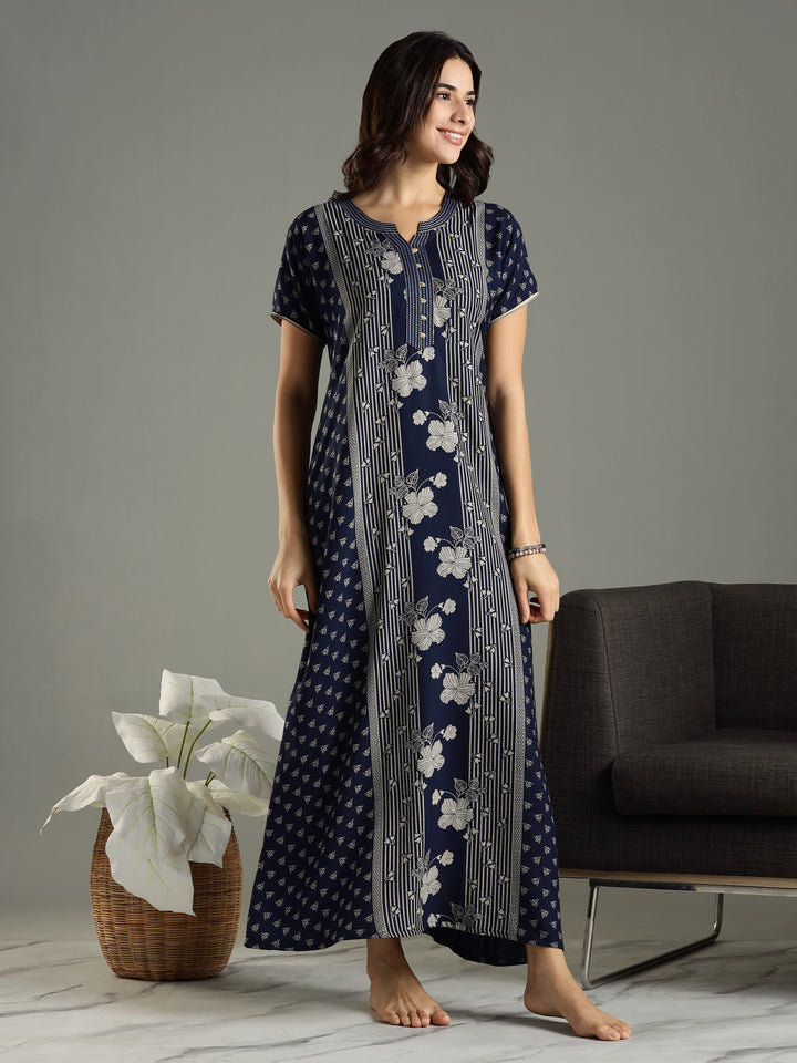 Navy Blue Floral Printed Alpine Designer Nighty for Women 