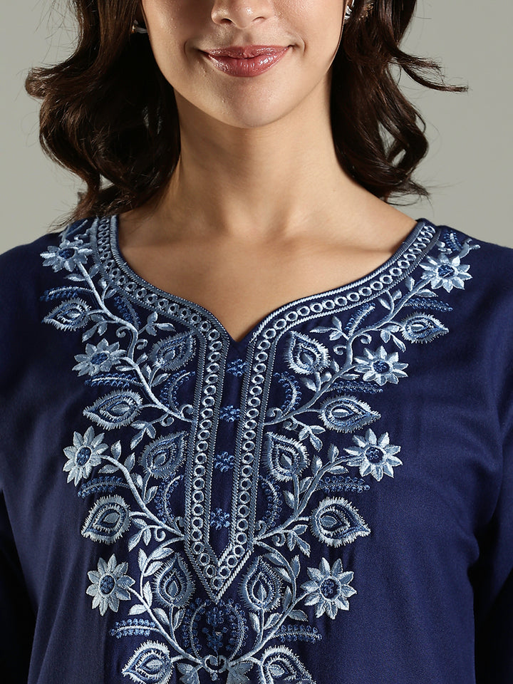 Midnight Navy Alpine Embroidered Nighty for Women with Pocket