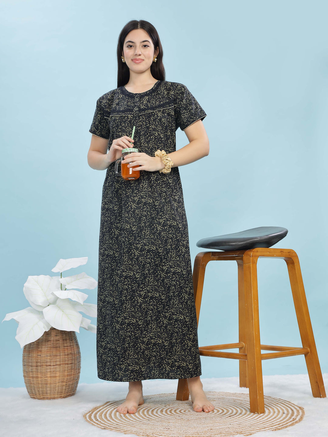 Cozy Navy Blue Ethnic Front Open Nighty For Women