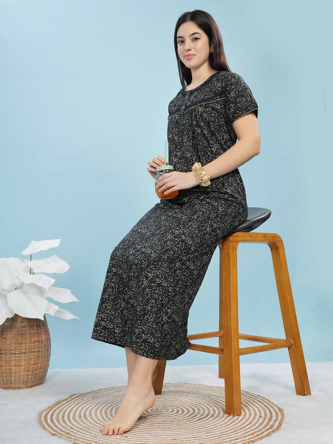 Cozy Navy Blue Ethnic Front Open Nighty For Women