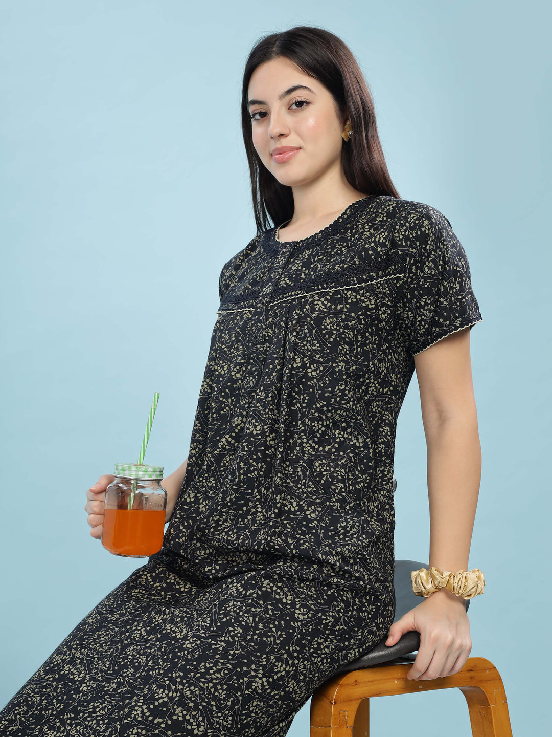 Cozy Navy Blue Ethnic Front Open Nighty For Women