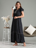 Navy Blue Floral Frock Style Nighty for Women Full Length Comfort