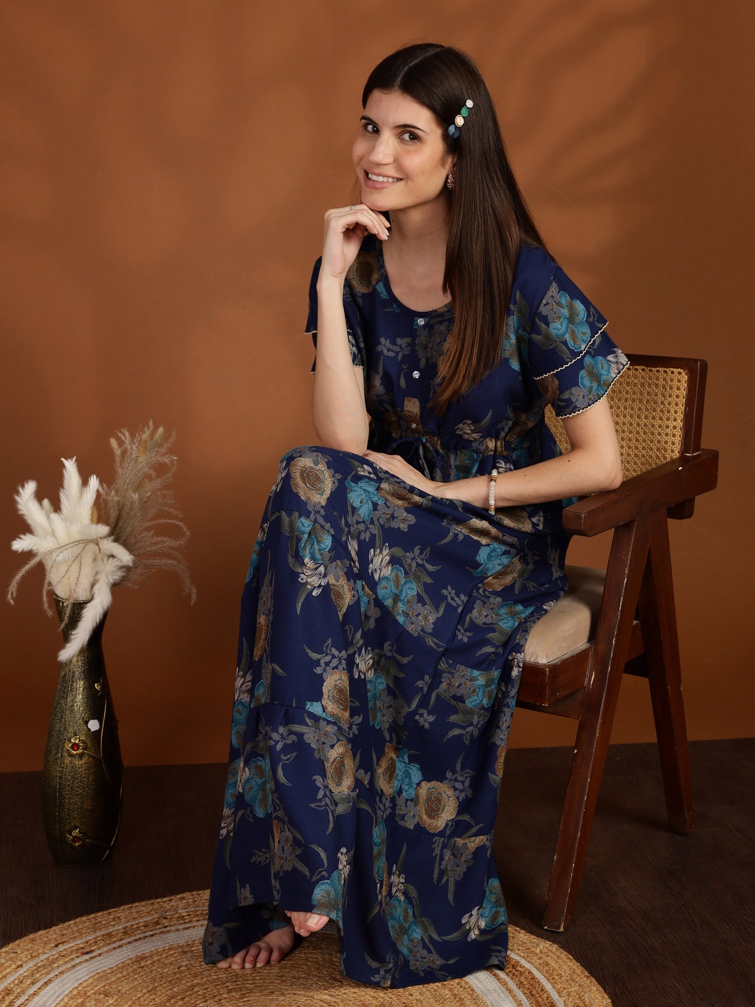 Navy Blue Frock Style Nighty for Women