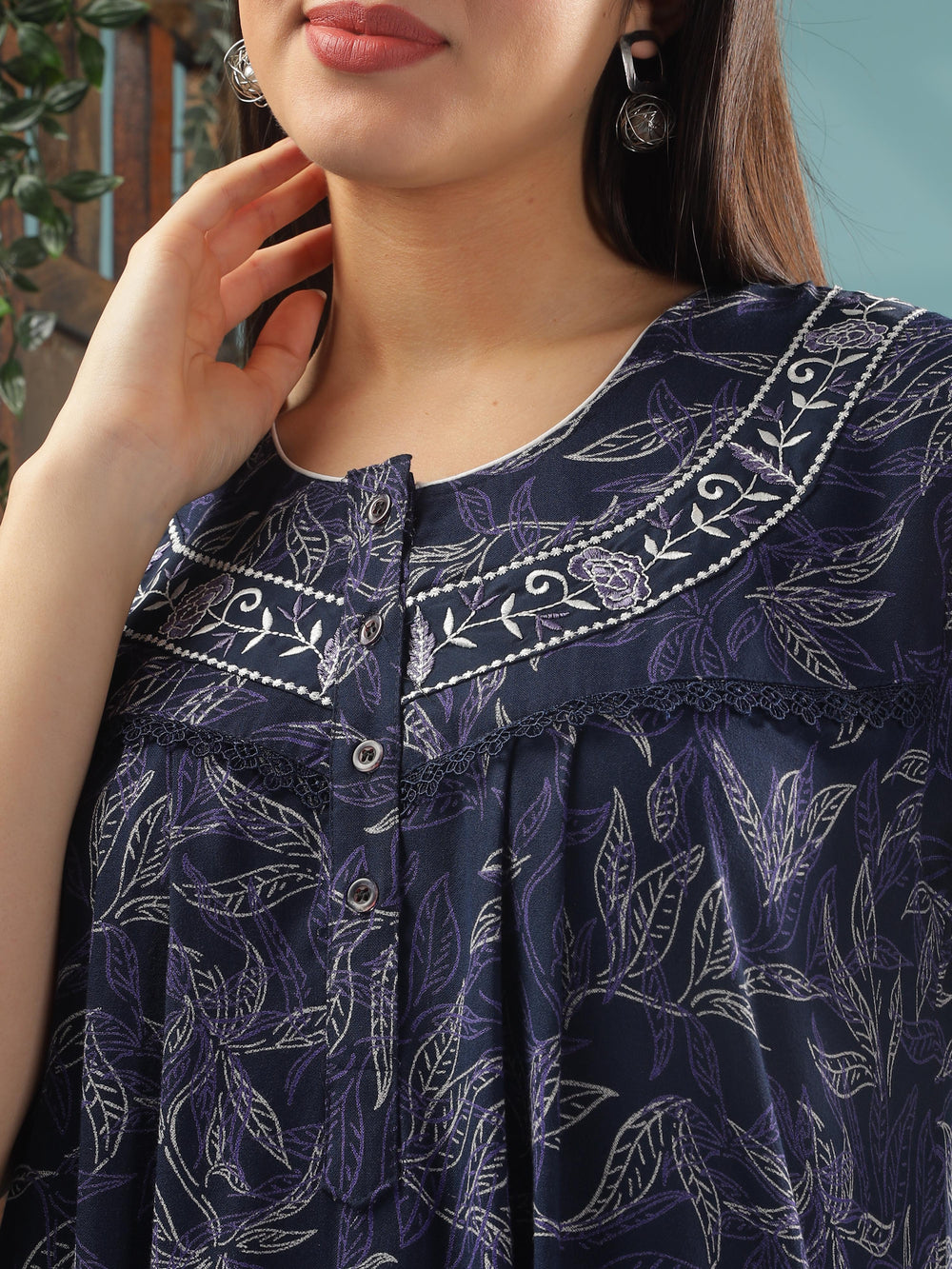Navy Blue Luxurious Alpine Front Open Nighty For Women