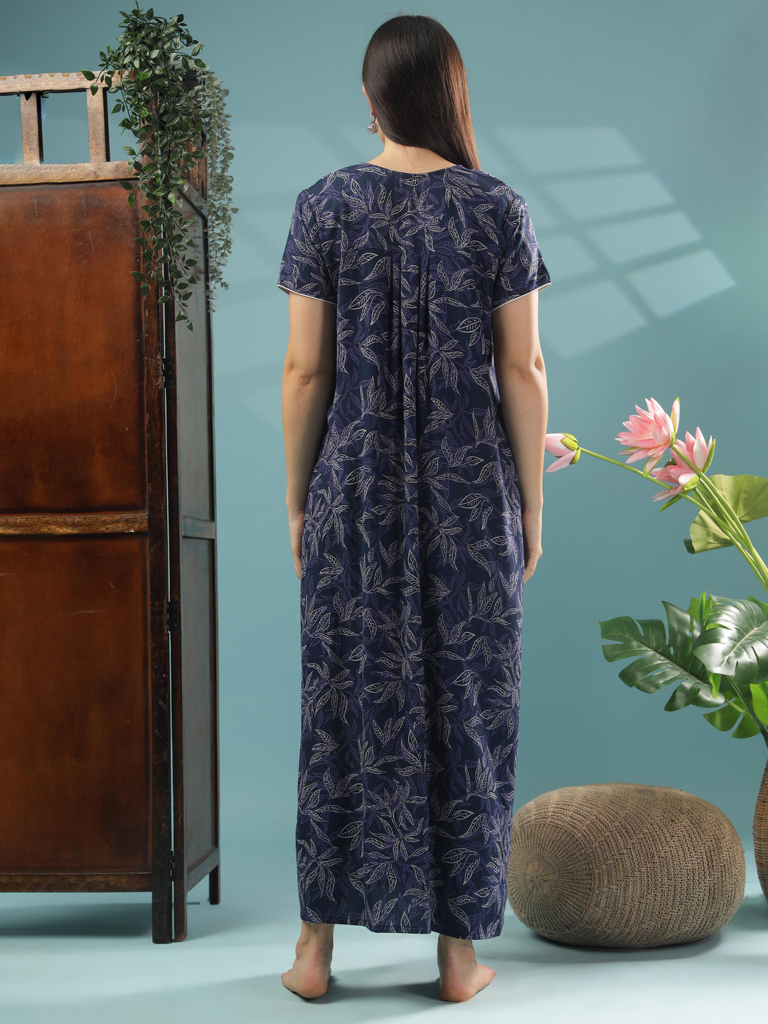 Navy Blue Luxurious Alpine Front Open Nighty For Women