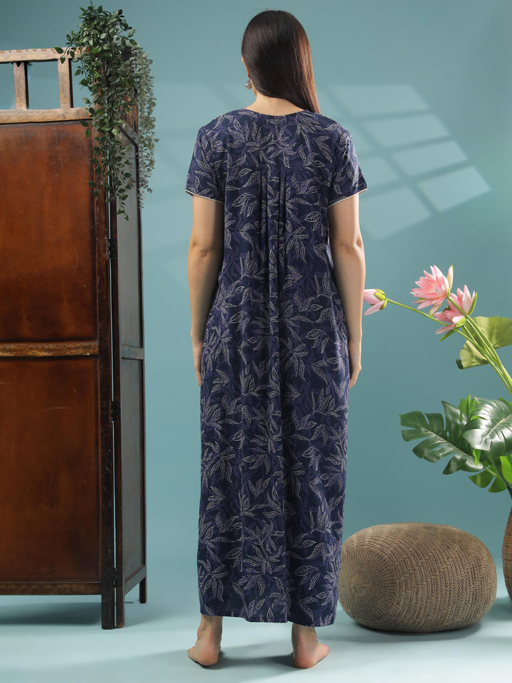 Navy Blue Luxurious Alpine Front Open Nighty For Women