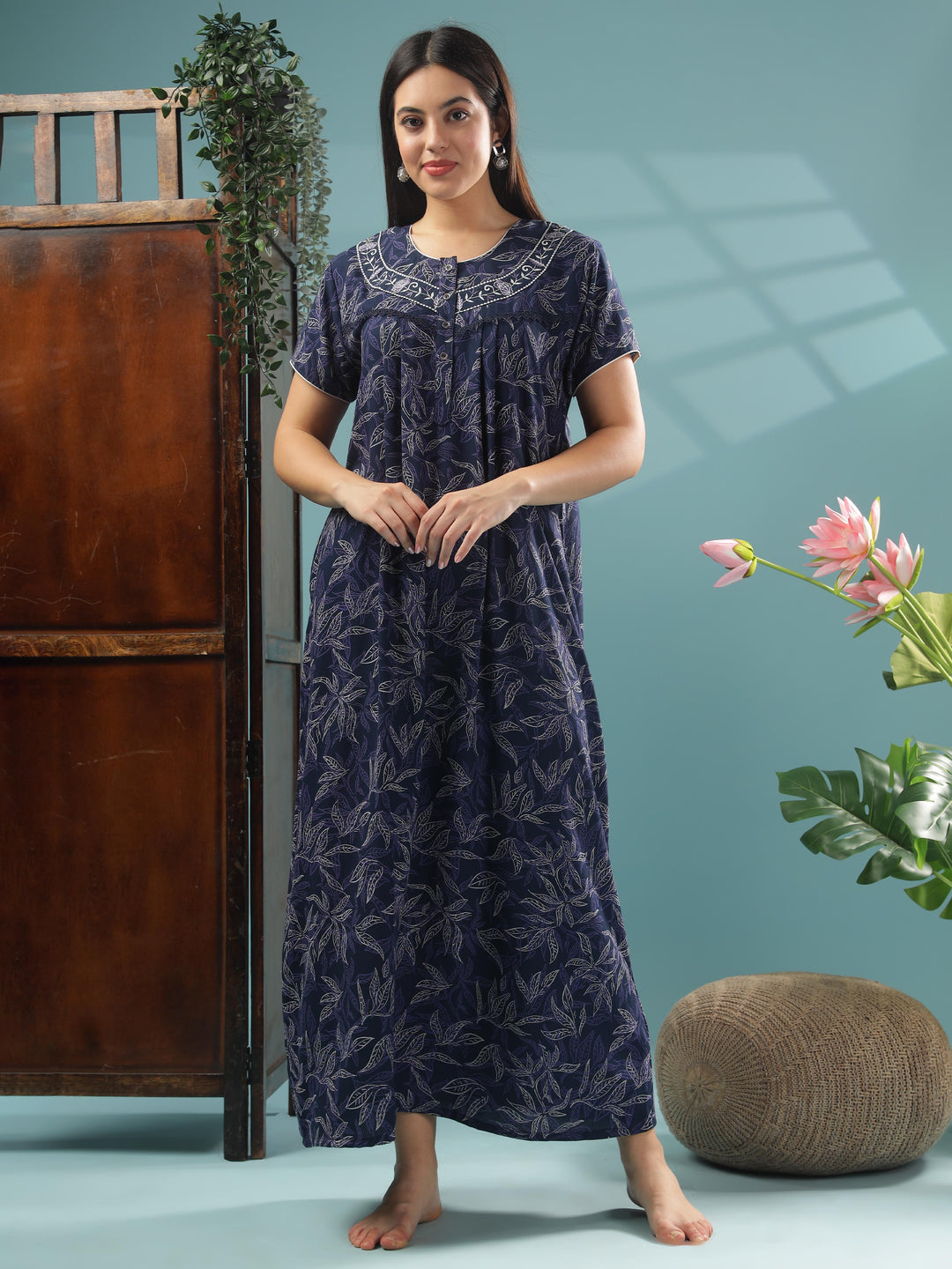 Navy Blue Luxurious Alpine Front Open Nighty For Women