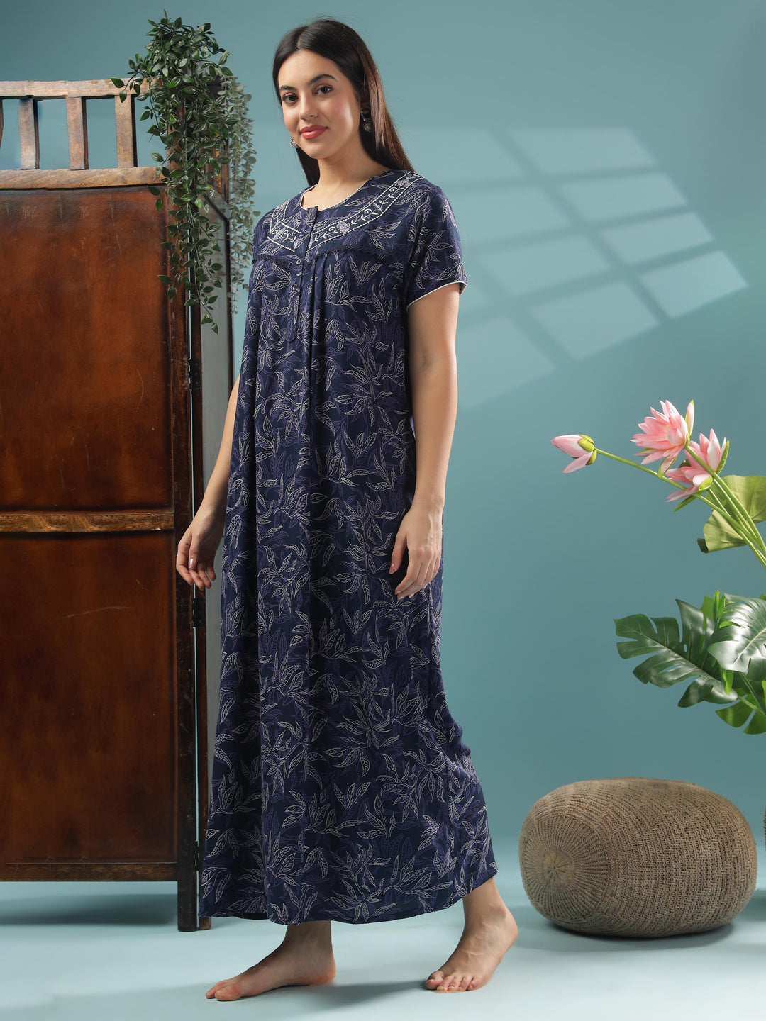 Navy Blue Luxurious Alpine Front Open Nighty For Women