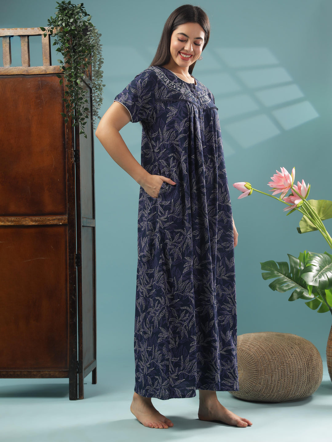 Navy Blue Luxurious Alpine Front Open Nighty For Women